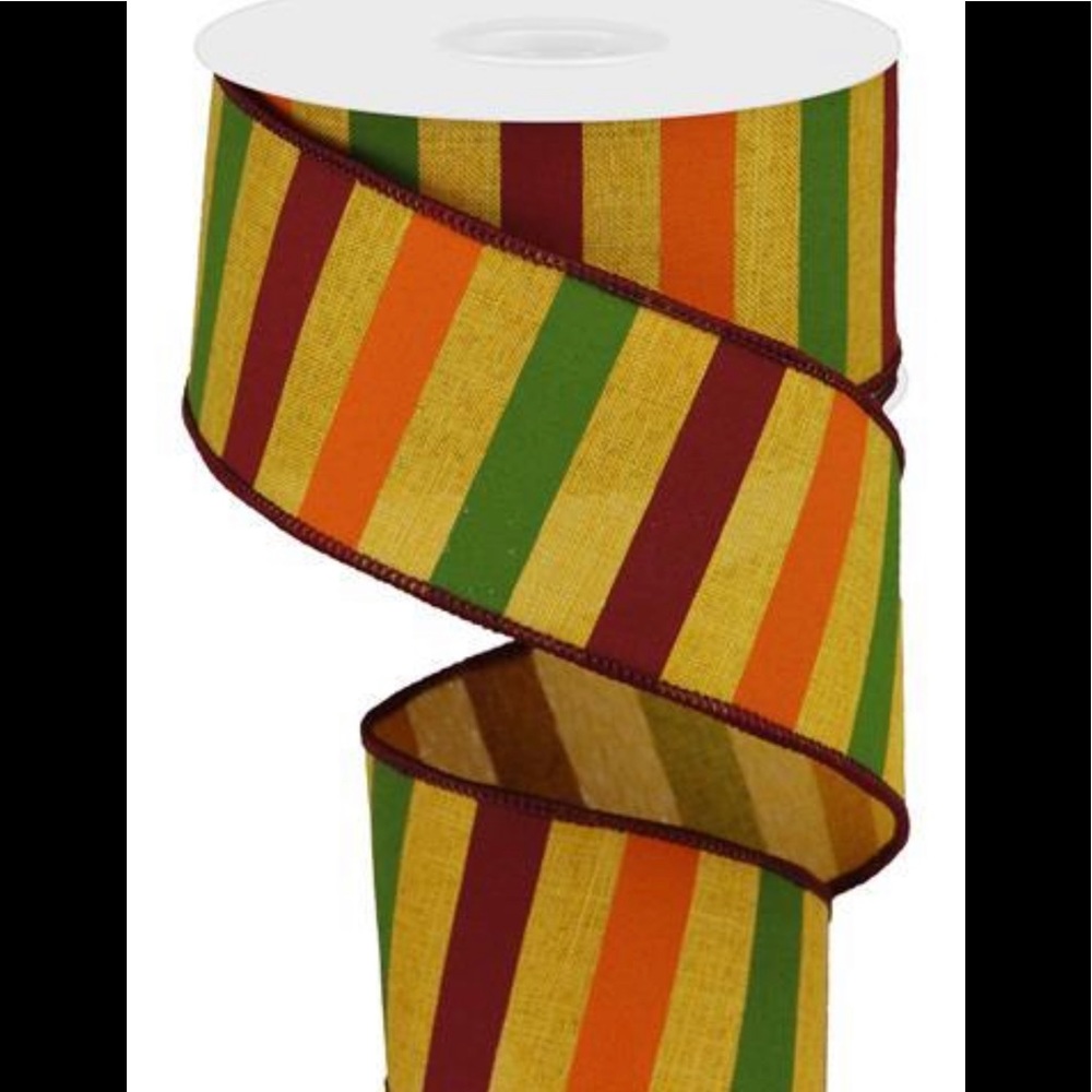 2.5" Wired Fall Ribbon 10yds STRIPES in GREEN, Orange & Burgundy On Dark Mustard